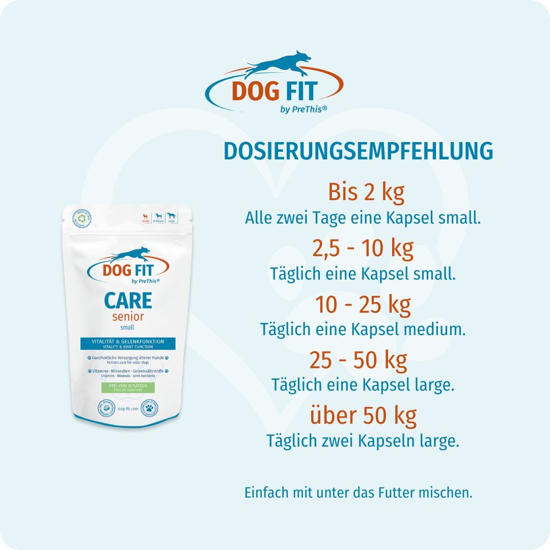 Dosierungsempfehlung: Bis 2 kg, 2,5-10 kg, 10-25 kg, 25-50 kg, über 50 kg. Beutel CARE senior small.