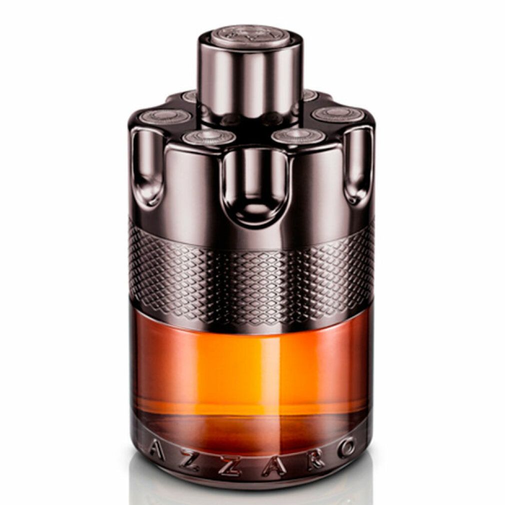 Azzaro Wanted by Night Eau de Parfum Flakon. Zylindrische Form, silberfarbener Verschluss, goldgelbe Flüssigkeit.