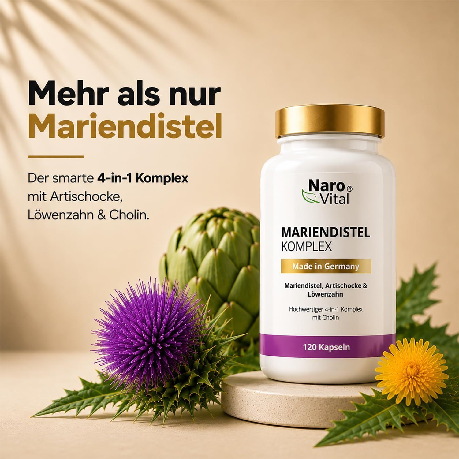 Weiße Kapsel-Dose mit Golddeckel. Mariendistel Komplex. Artischocke, Löwenzahn, Cholin. 120 Kapseln. Pflanze und Blüte.