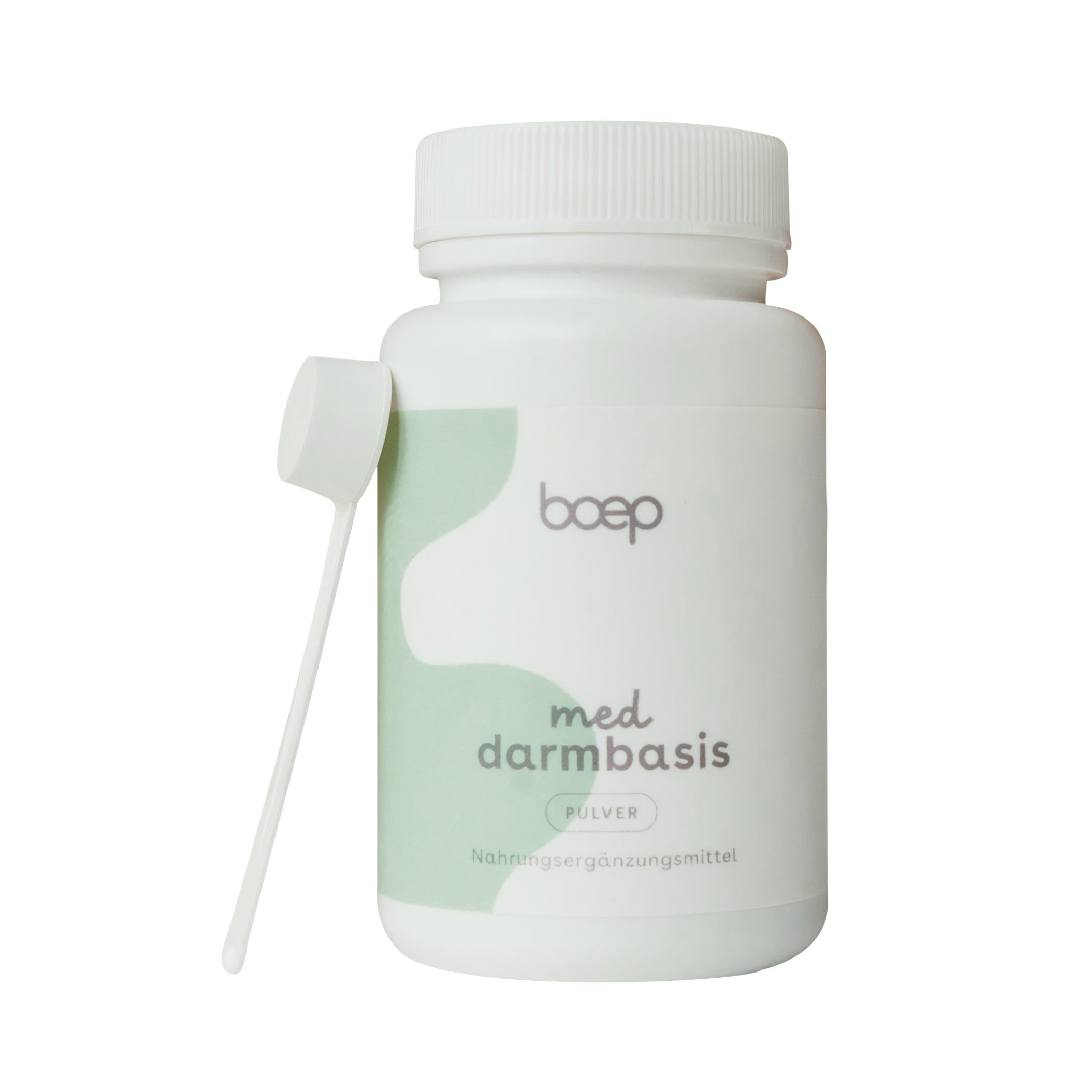 Weißes boep Med Darmbasis Pulver-Behältnis mit Löffel. Aufschrift und Logo sichtbar. Nahrungsergänzungsmittel.