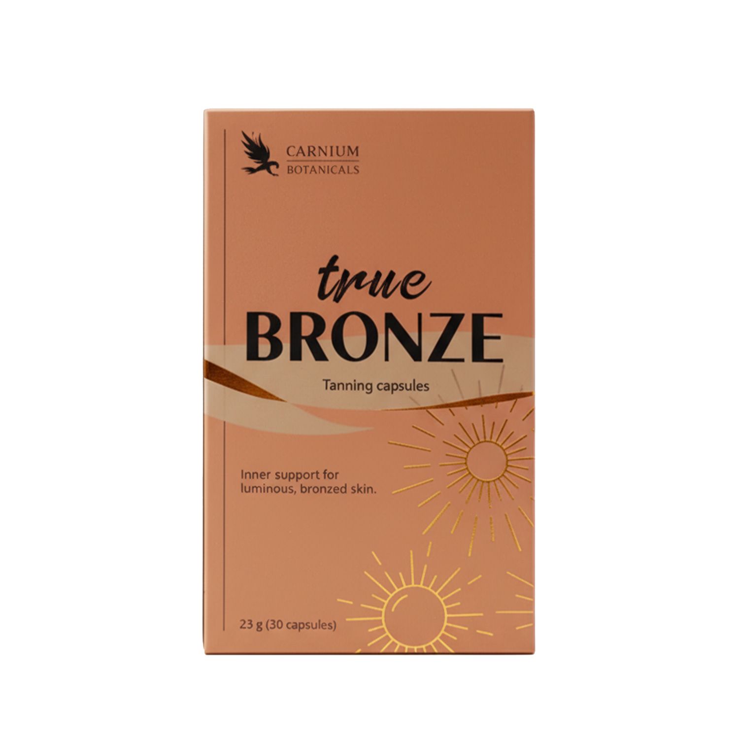 Braune Produktverpackung mit "true BRONZE" Schriftzug. Enthält 30 Kapseln. Logo: Vogel. Text: Tanning capsules.