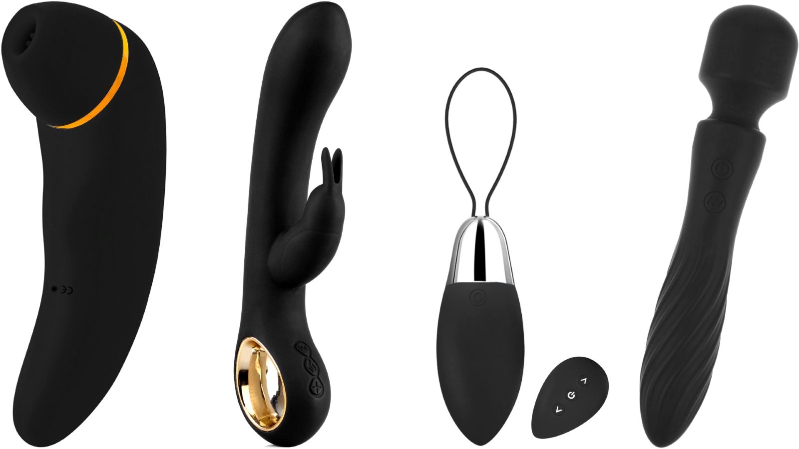 Vier verschiedene schwarze Vibrationsgeräte. Unterschiedliche Formen und Designs.