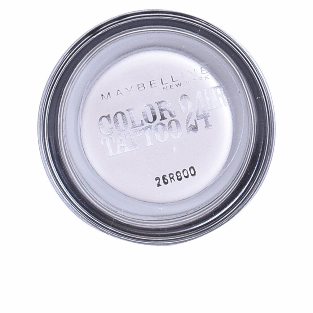 Maybelline New York Color Tattoo 24h Lidschatten in Dose. Weißer Lidschatten mit silberner Schrift. Deckel mit Produktinformationen.