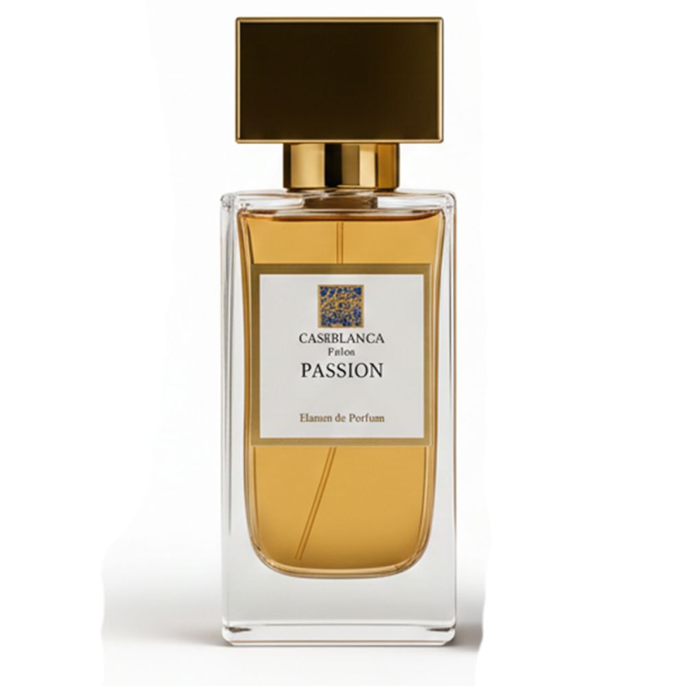 Rechteckige Glasflasche mit goldfarbenem Verschluss. Aufkleber mit "CASABLANCA Passion". Flüssigkeit bernsteinfarben.