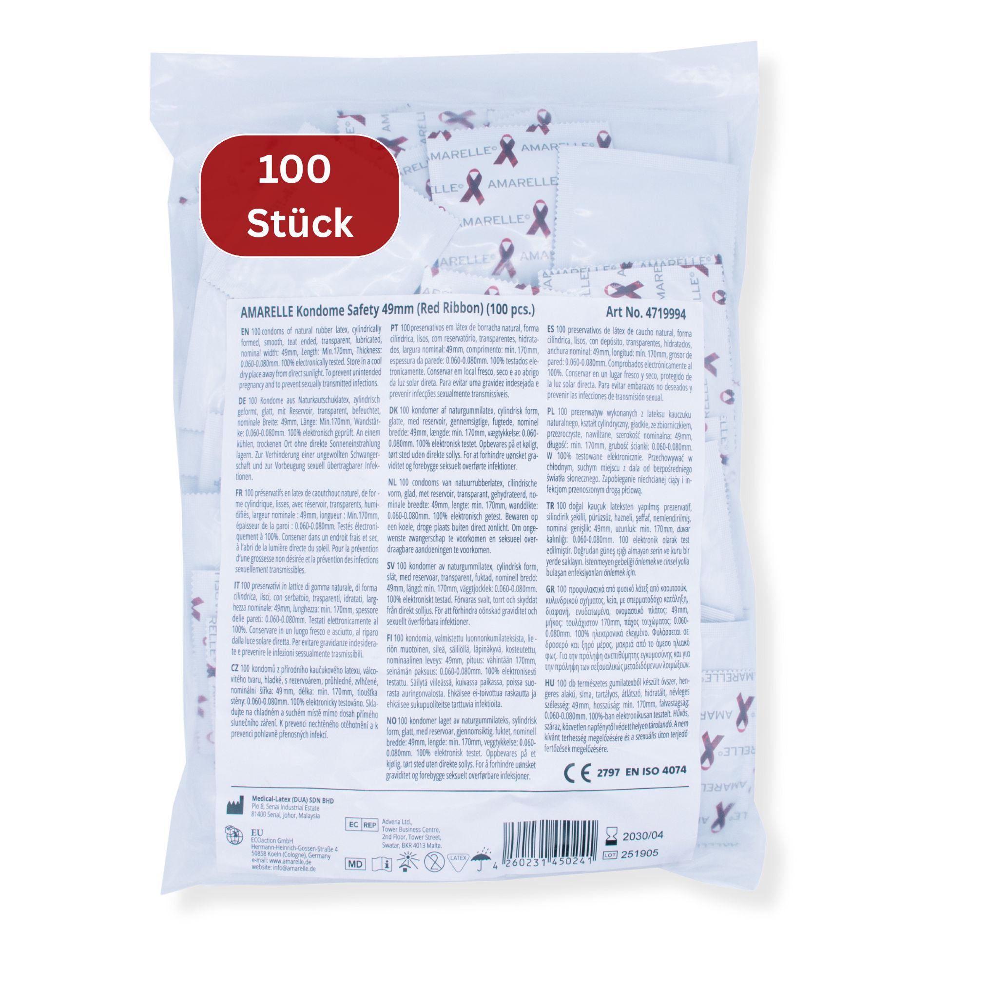 Rückseite der Verpackung mit AMARELLE Kondomen. Text in mehreren Sprachen. 100 Stück. CE-Kennzeichnung.