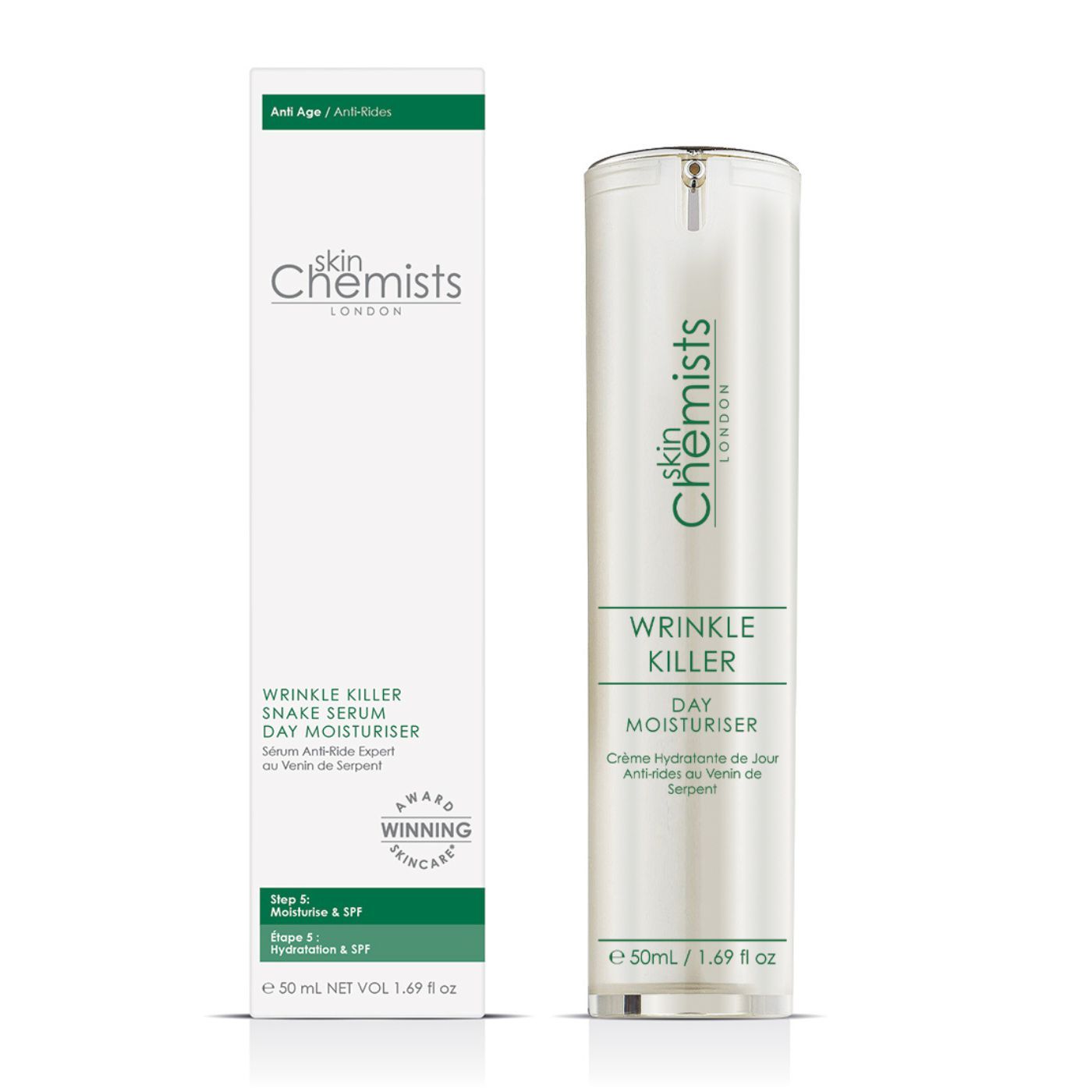 Produktflasche und Verpackung. Aufschrift: Wrinkle Killer Day Moisturiser. Marke: skinChemists London. Auszeichnung.