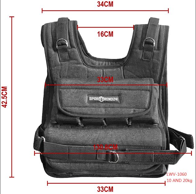 Gewichts-Weste mit Maßen. Höhe 42,5 cm, Breite 34 cm. Logo Sporttrend 24. Text: LWV-1060 10 AND 20kg.