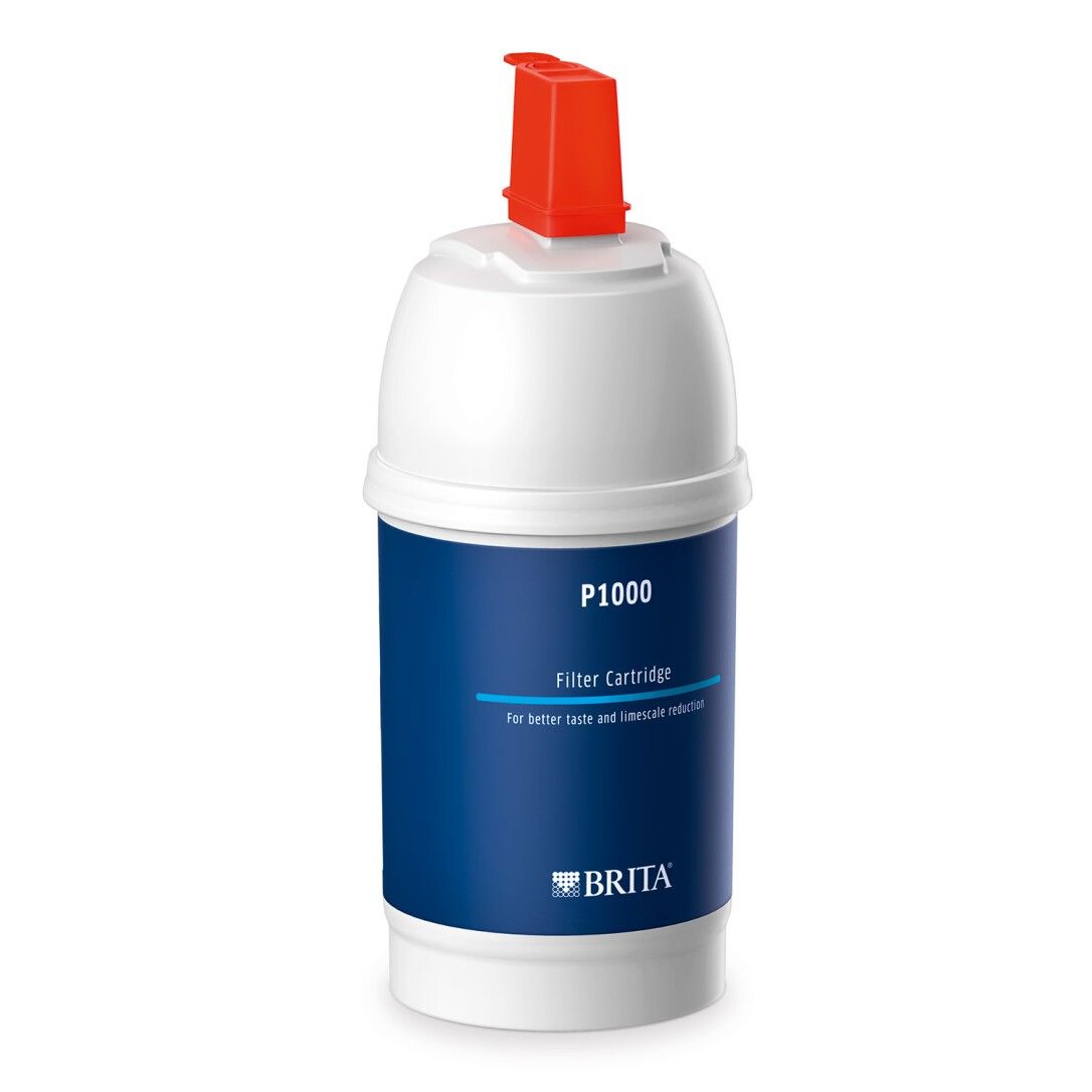 Weißer Filter mit blauem Aufkleber. Aufschrift: P1000 Filter Cartridge. Mit rotem Auslass.