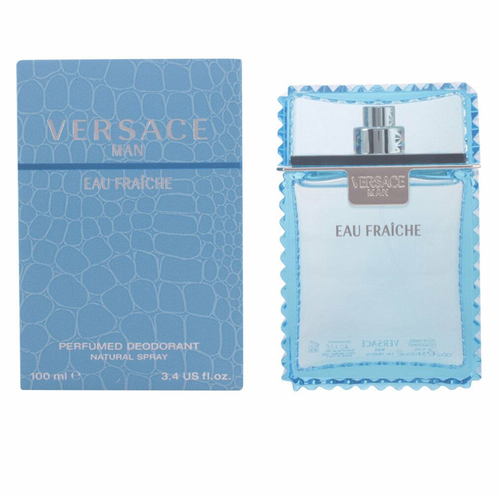 Eau Fraiche-Parfümflakon und Schachtel. Flakon hellblau mit silbernem Verschluss. Schachtel blau mit Krokodilmuster.