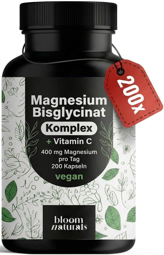 Schwarze Dose mit Magnesium Bisglycinat Komplex, Vitamin C, 400 mg Magnesium pro Tag, 200 Kapseln, vegan. Bloom Naturals.