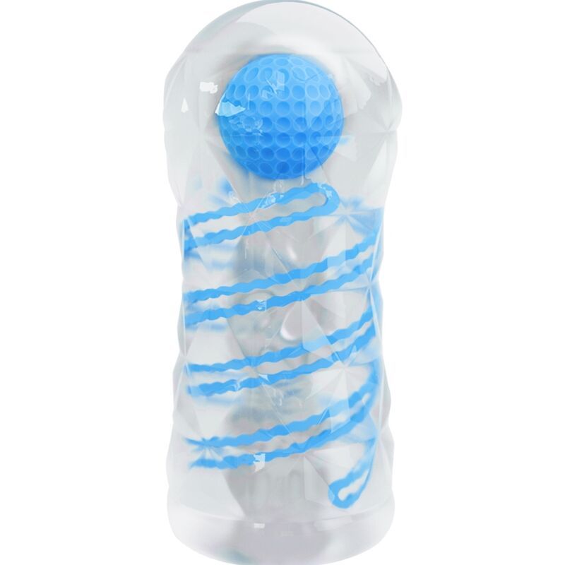 Masturbator mit blauen Spiralen und Golfball-Design. Transparente Außenhülle.