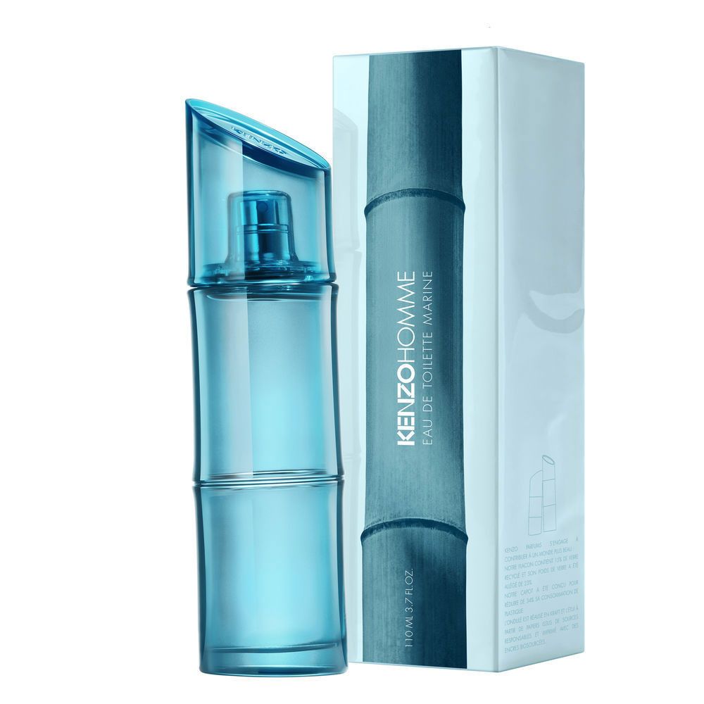 Blaues Kenzo Homme Eau de Toilette Marine Flakon und Verpackung. Aufschrift: KENZO HOMME, Eau de Toilette Marine.
