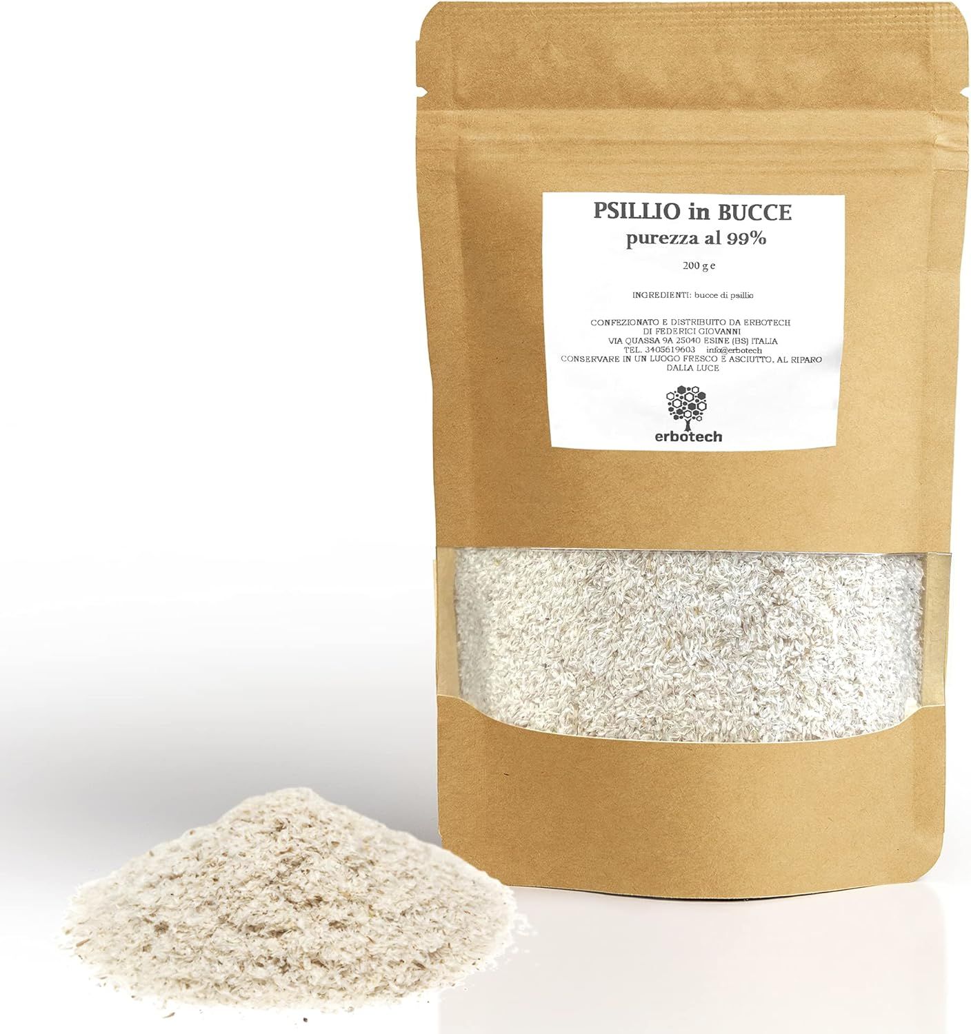 Beutel mit Psyllium-Schalen. Braune Verpackung mit Sichtfenster. Text: Psillio in Bucce, Reinheit 99%.