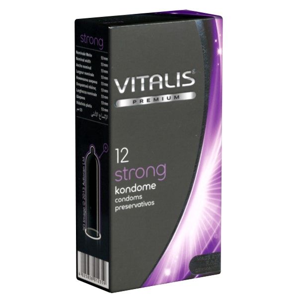 Confezione nera con "VITALIS PREMIUM" e "12 strong preservativi". Accento viola. Illustrazione preservativo.
