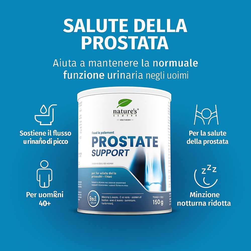 Dose "PROSTATE SUPPORT" mit Illustration. 150g. Text: "Salute della prostata". Für Männer ab 40. Unterstützt die Harnfunktion.