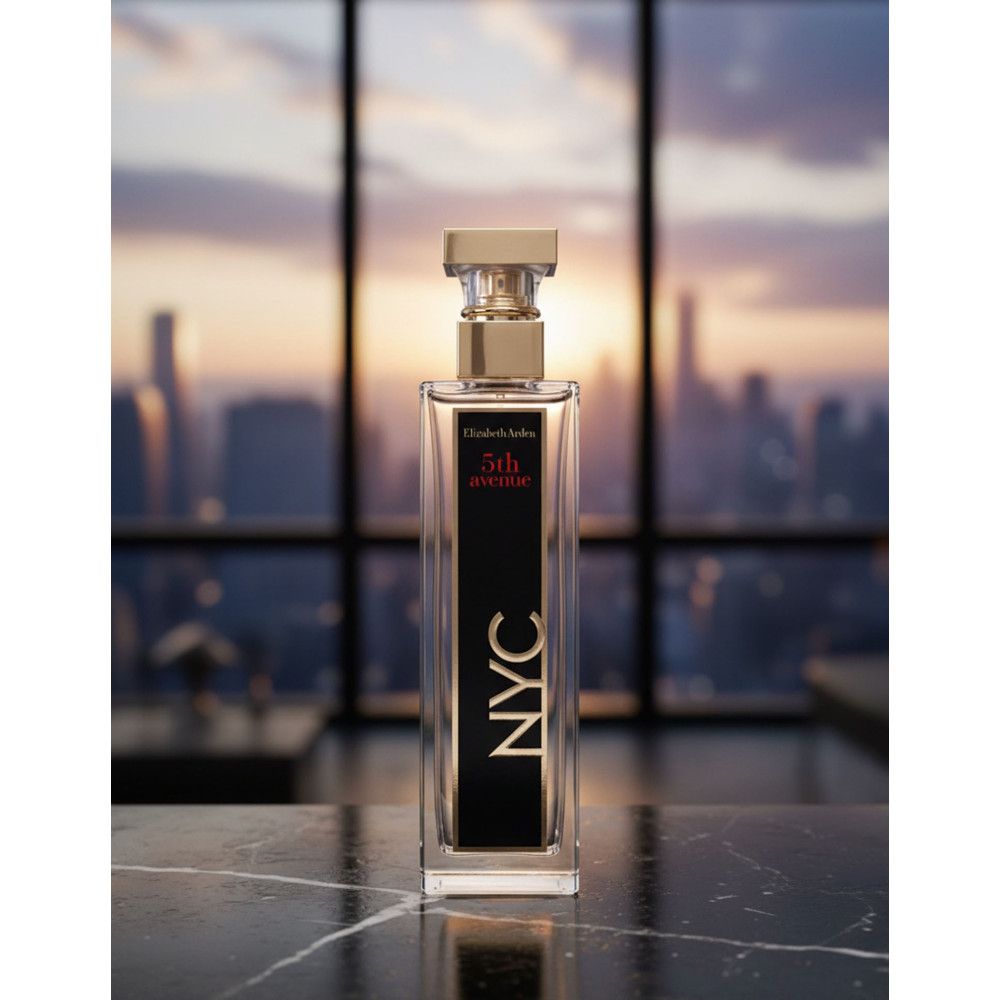 Rechteckiger Flakon mit goldfarbenem Verschluss. Schwarzes Etikett mit "5th avenue NYC". Hintergrund: Stadt.