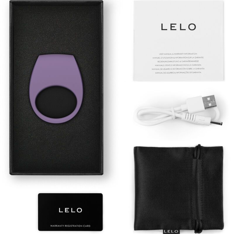 Detaillierte Ansicht des violetten Lelo Tor 3 Vibrationsrings mit Beschriftungen.