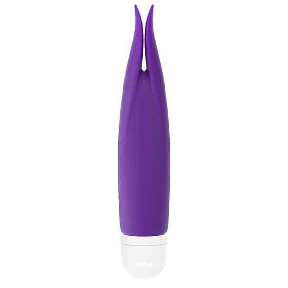 Violett Vibrator mit tulpenförmigem Design. Der obere Teil ist in Blütenblattform gestaltet, der untere Teil ist weiß.