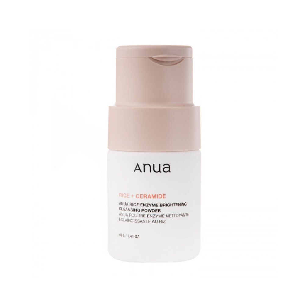 Weiße Flasche mit hellrosa Pumpspender. Beschriftung: Anua Rice + Ceramide Anua Rice Enzyme Brightening Cleansing Powder.