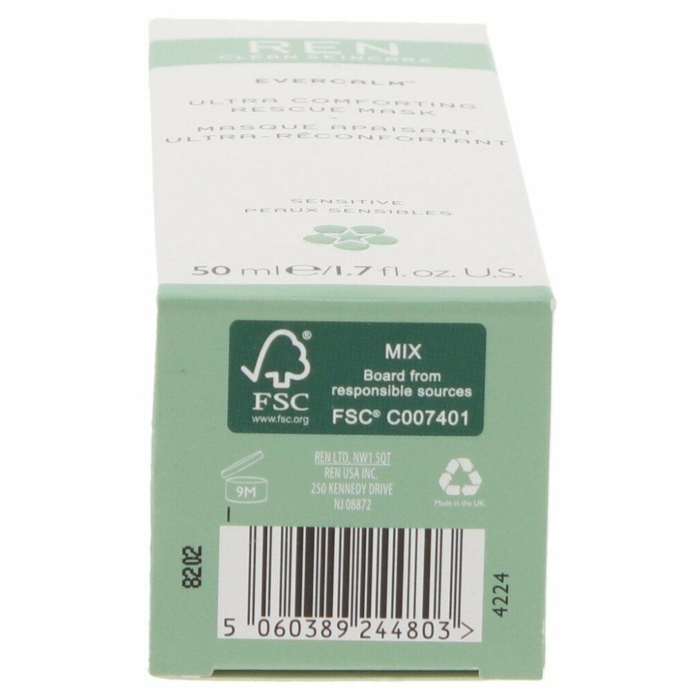 Grüne Verpackung mit Text. FSC-Logo. Text: REN, Evercalm, Ultra Comforting Rescue Mask. 50 ml. Barcode.