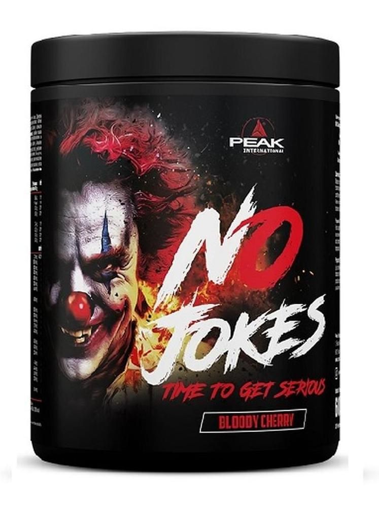 PEAK No Jokes Bloody Cherry Nahrungsergänzungsmittel in schwarzem Behälter mit Clowns-Grafik.