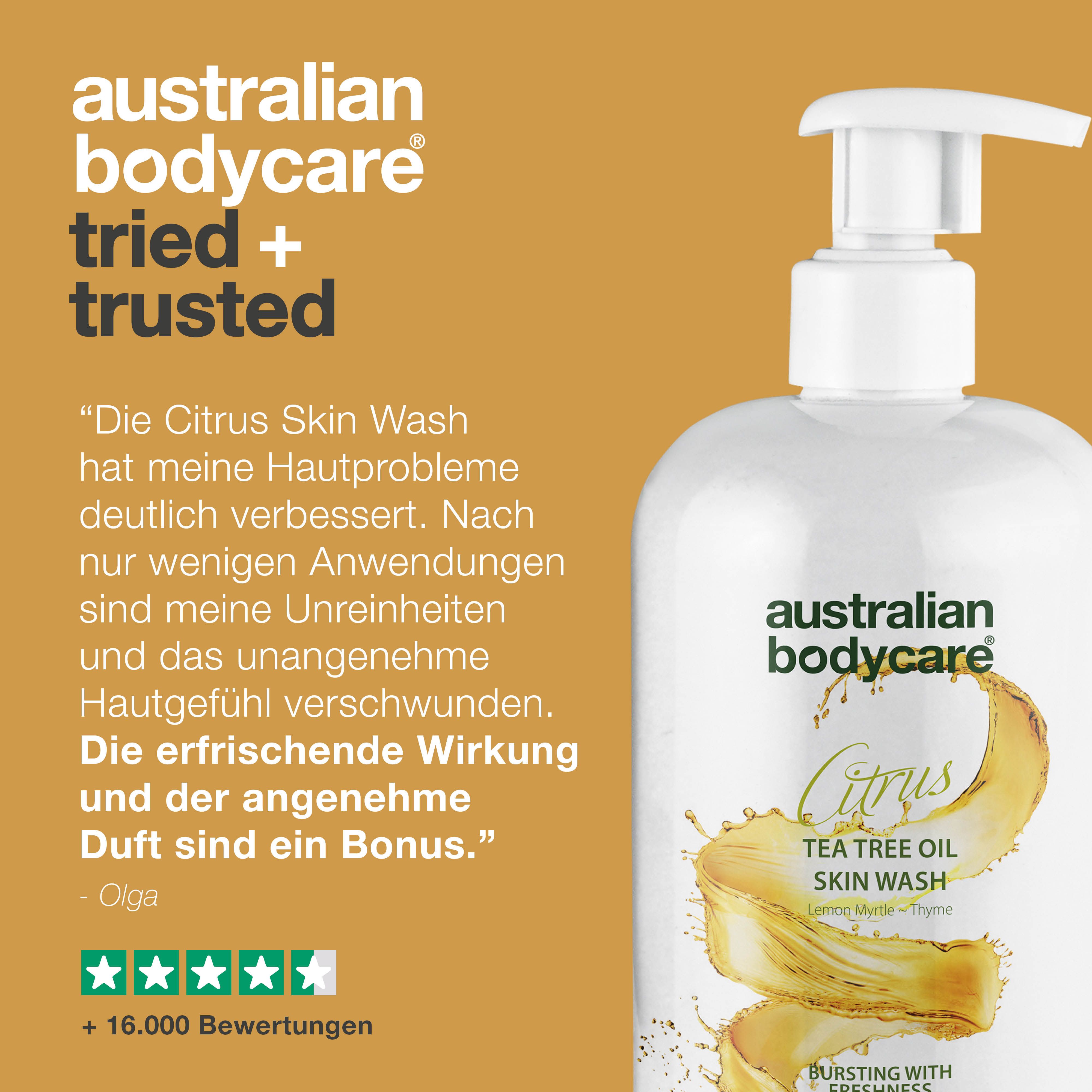 Flasche mit Pumpe. Text: Australian Bodycare Citrus Tea Tree Oil Skin Wash. Zitat und Sterne.
