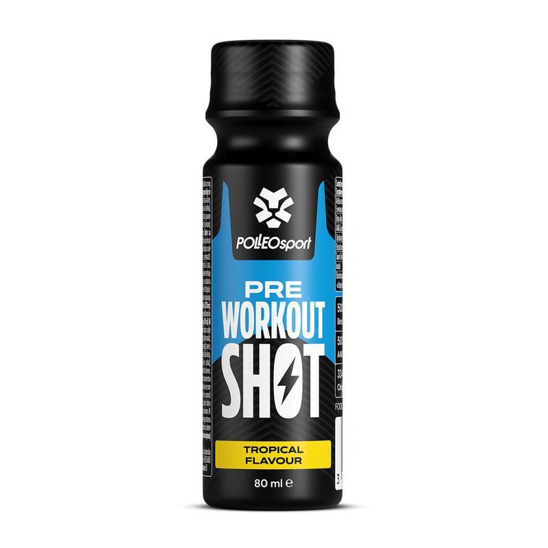 Schwarze Flasche mit blauem Etikett. Text: PolleoSport, Pre Workout Shot, Tropical Flavour, 80 ml e.
