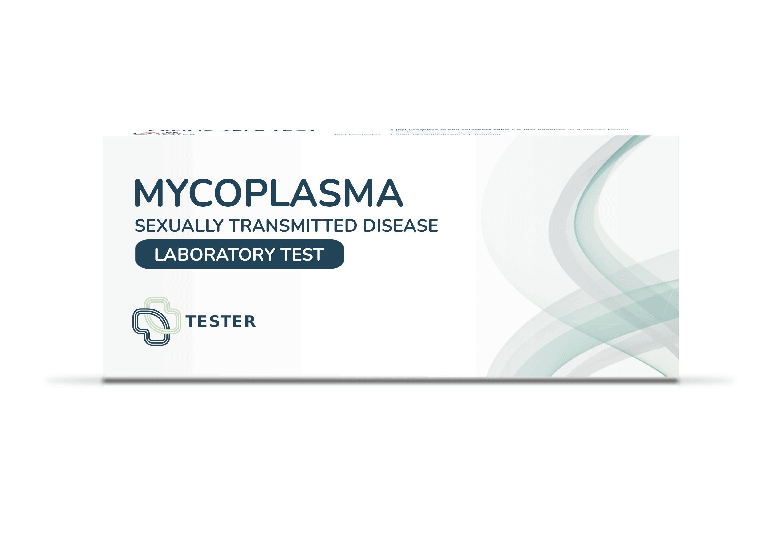 Verpackung eines Mycoplasma-Labortests für zu Hause. Mit Logo und Text "MYCOPLASMA SEXUALLY TRANSMITTED DISEASE LABORATORY TEST TESTER".