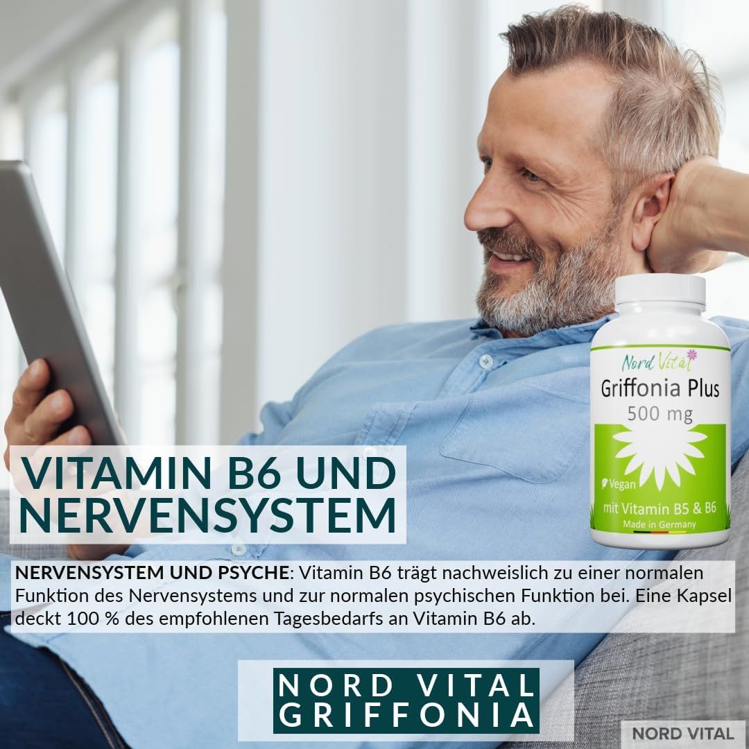 Nord Vital Griffonia Plus - 500 mg Griffoniasamen mit natürlichem 5-HTP - Vitamine B5 und B6 - Vegan