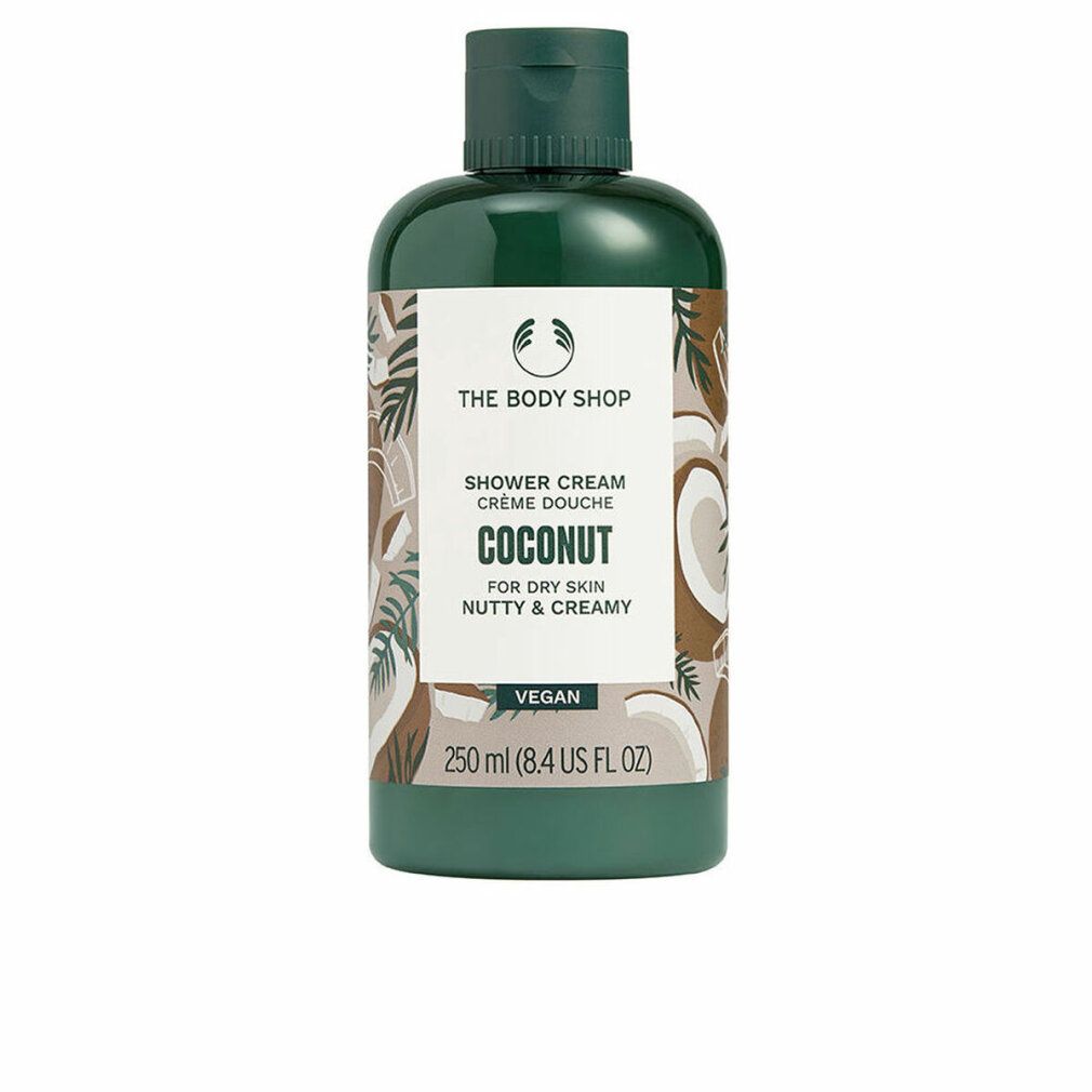 Grüne Flasche mit weißem Etikett. Aufschrift: The Body Shop, Coconut Shower Cream, vegan. 250 ml.