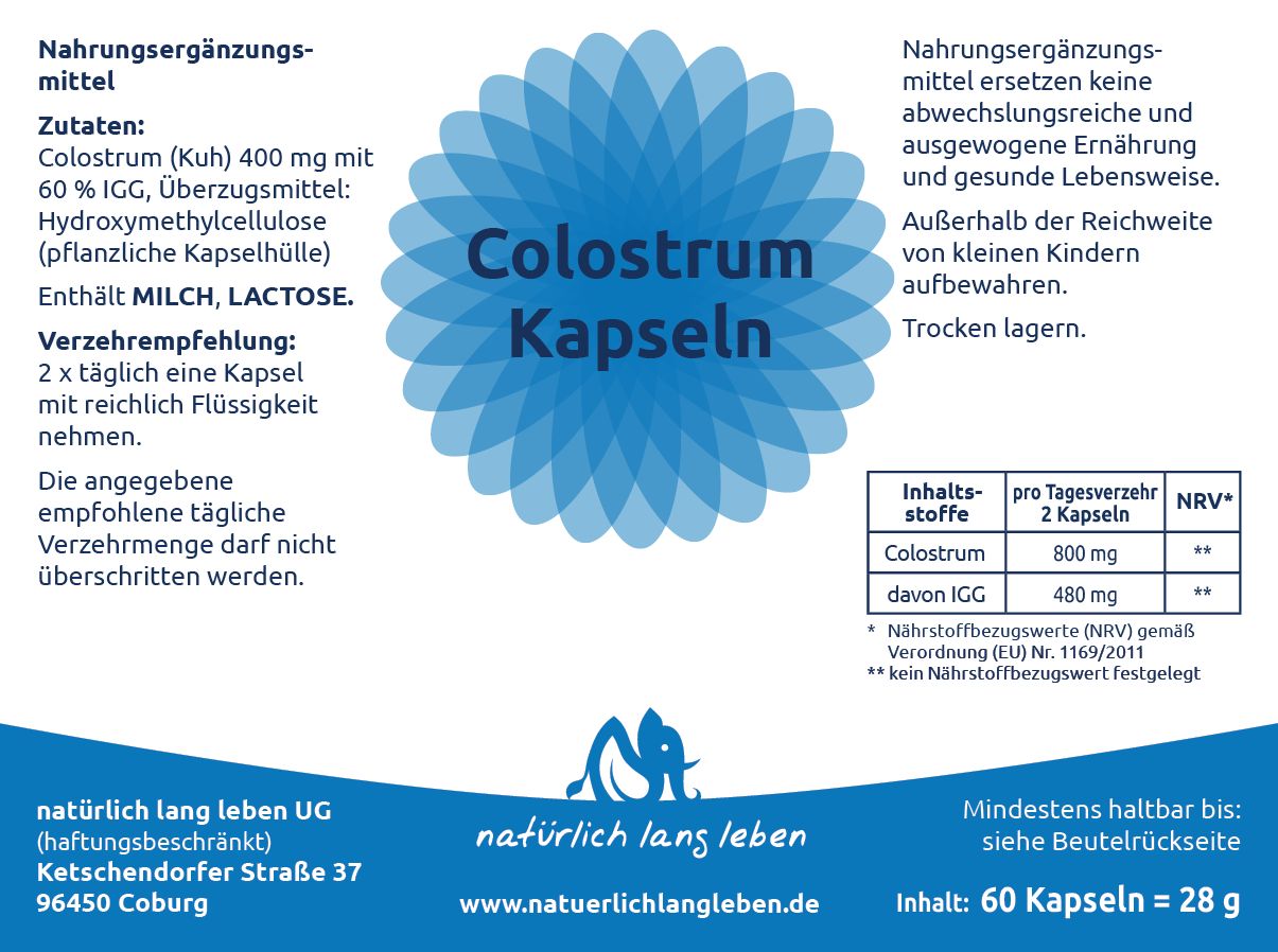 Nahrungsergänzungsmittel: Colostrum Kapseln, 60 Kapseln.