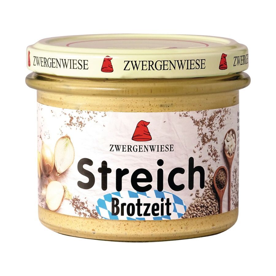 Glas mit Aufstrich. Deckel mit Schriftzug und Logo. Aufschrift "Streich Brotzeit".