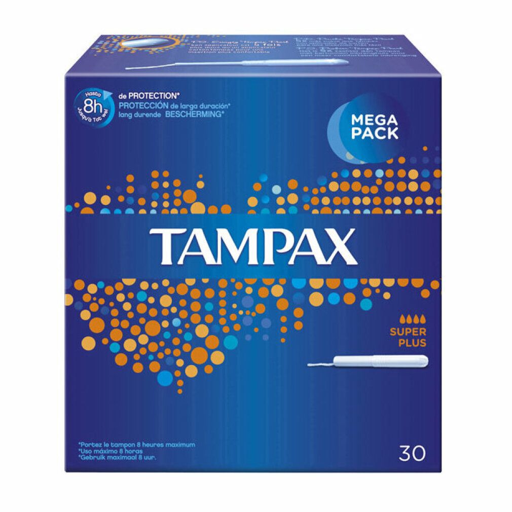 Blauwe doos met TAMPAX Super Plus tampons. Mega Pack. 30 stuks. 8 uur bescherming.