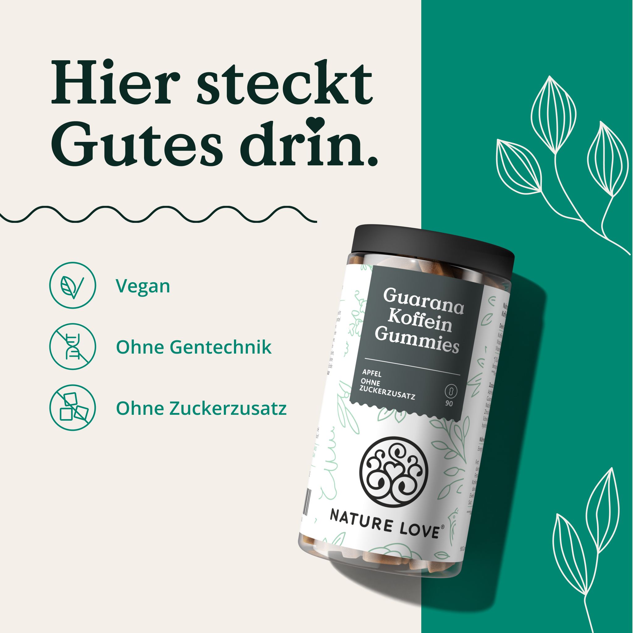 Transparente Dose mit schwarzen Deckel. Text: "Vegan", "Ohne Gentechnik", "Ohne Zuckerzusatz". Logo NATURE LOVE®. "Guarana Koffein Gummies".