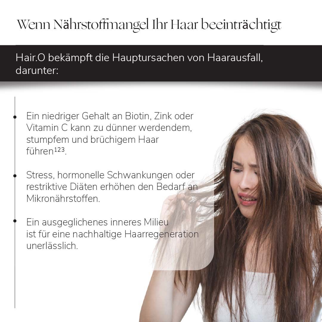 Text: Wenn Nährstoffmangel Ihr Haar beeinträchtigt. Frau mit zerzaustem Haar.