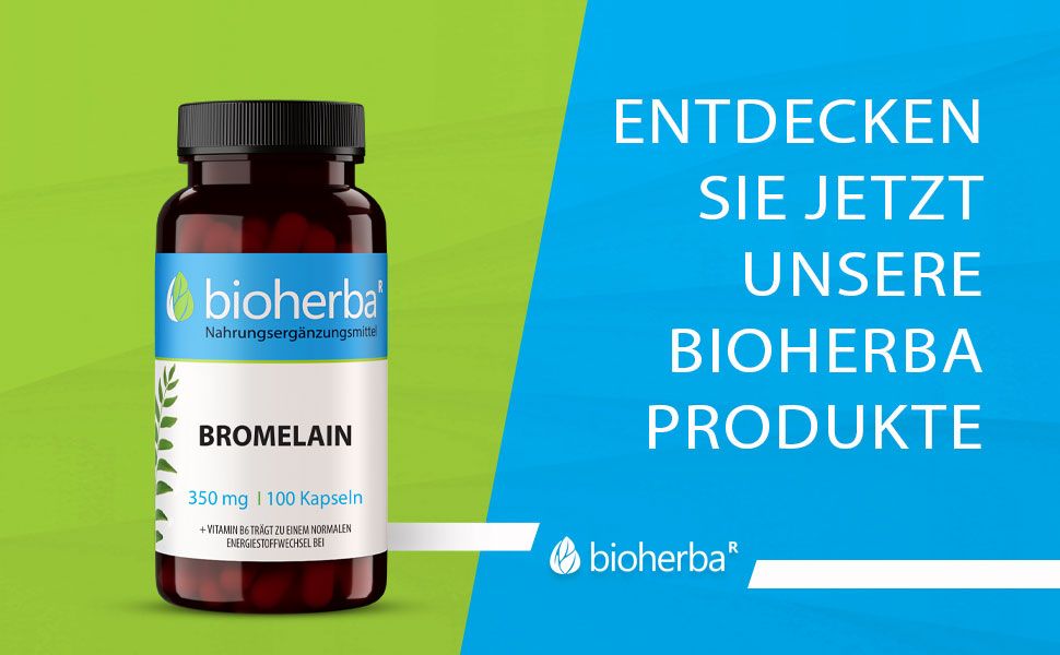 Braune Glasflasche mit schwarzen Deckel. Aufkleber mit blauem Streifen, weißer Schrift: Bioherba, Bromelain, 350 mg, 100 Kapseln. Text: Entdecken Sie jetzt unsere Bioherba Produkte.