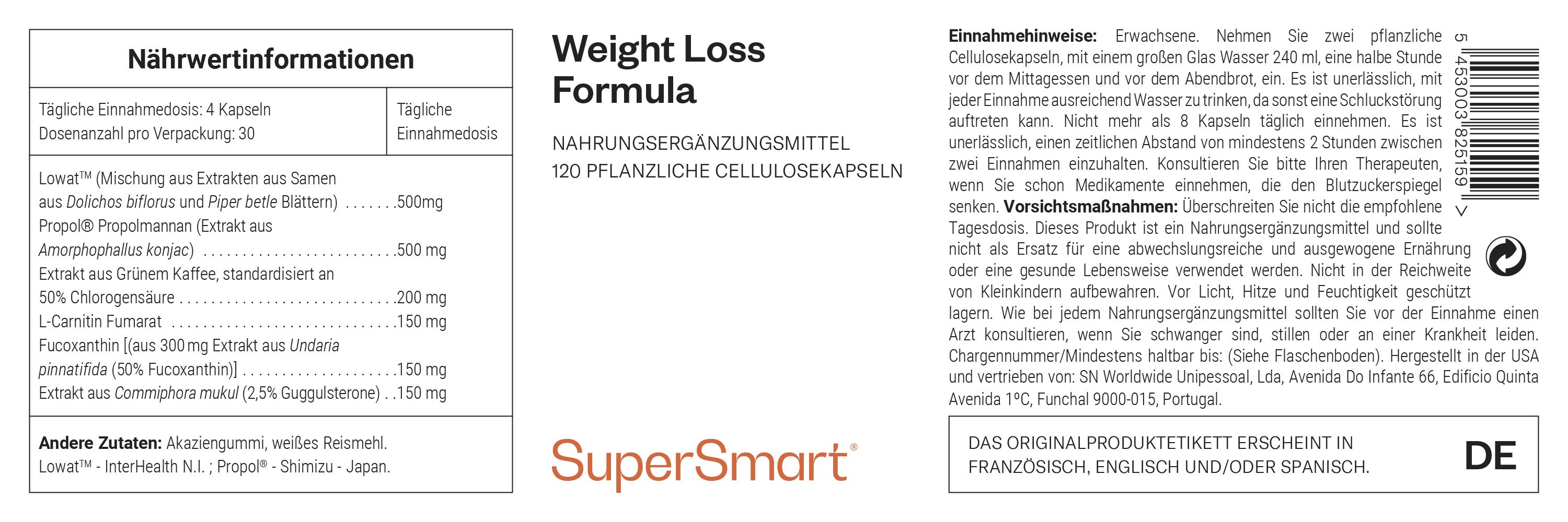 Etikett mit Informationen zur Gewichtsabnahme-Formel. Enthält Nährwertangaben, Inhaltsstoffe und Anwendungshinweise. SuperSmart-Logo.