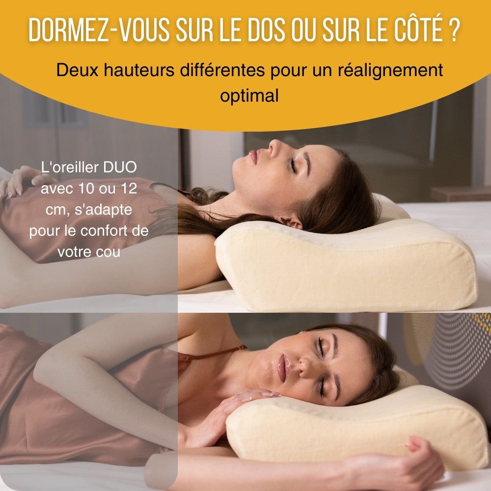 Image publicitaire: femme dormant sur le dos avec oreiller. Texte.