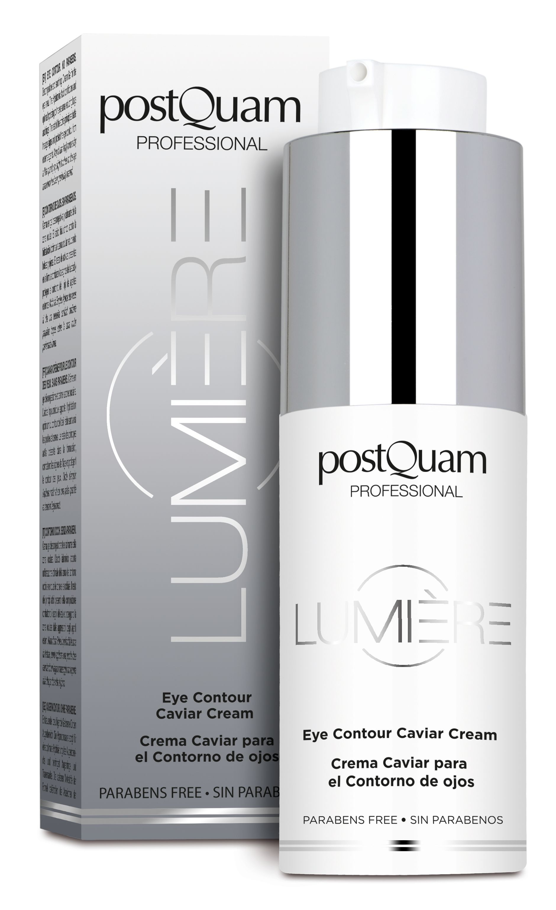 Creme-Flakon und Verpackung. Aufschrift: PostQuam Professional, Lumière, Eye Contour Caviar Cream. Ohne Parabene. Verpackung mit Logo.
