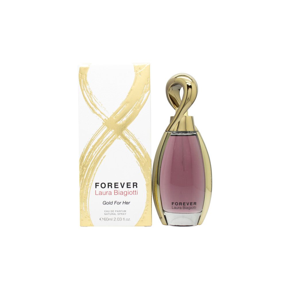 Laura Biagiotti Forever Gold for Her Eau de Parfum Flakon und Verpackung. Flakon mit goldfarbenem, verdrehtem Verschluss.