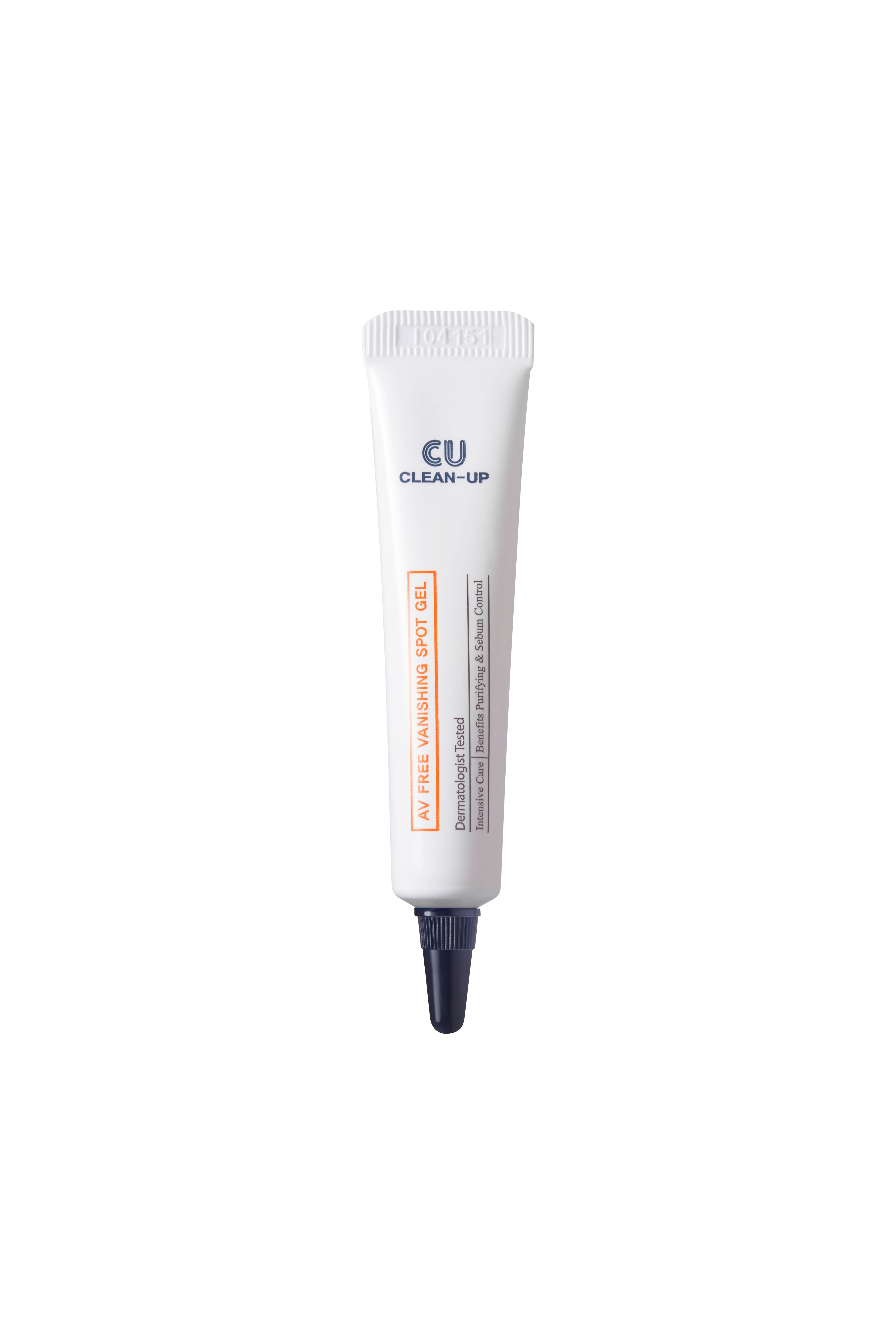 Weiße Tube mit schwarzer Spitze. Aufschrift: CU CLEAN-UP, AV FREE VANISHING SPOT GEL. Dermatologisch getestet.