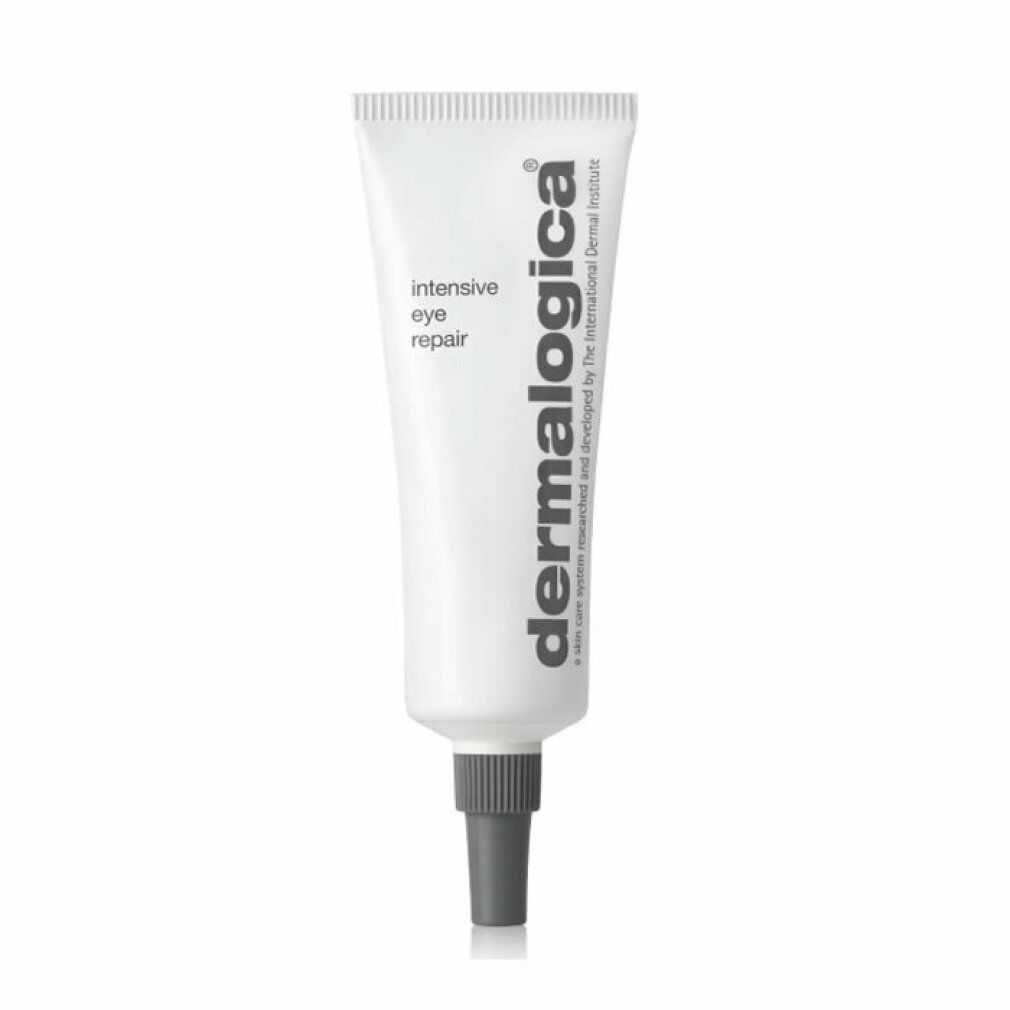 Weiße Tube mit grauem Verschluss. Produktname: intensive eye repair. Marke: dermalogica. Text: 0.5 US FL OZ / 15 mL e.