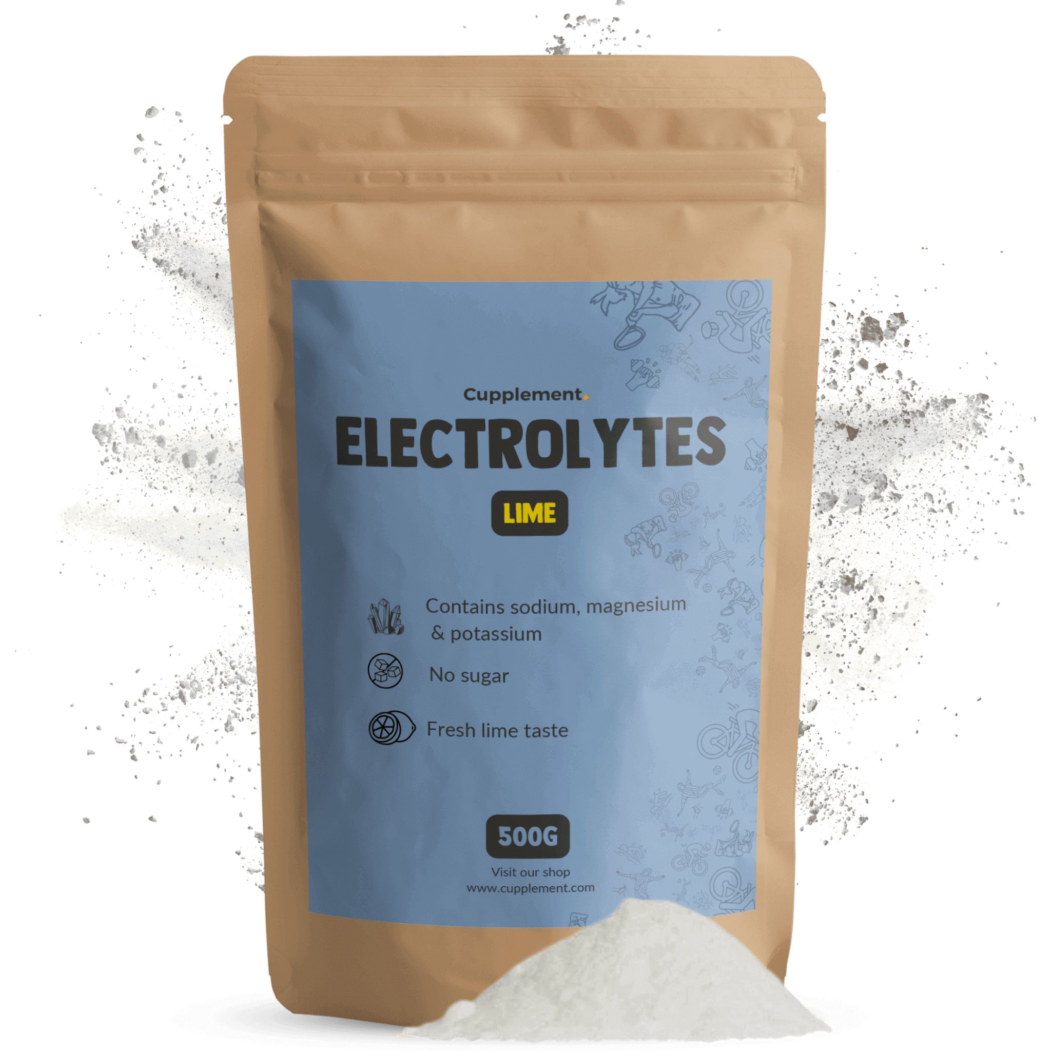 Beutel mit Elektrolyten. Aufschrift: Cupplement, Electrolytes, Lime. Enthält Natrium, Magnesium & Kalium. 500g. Weiße Pulveransammlung.