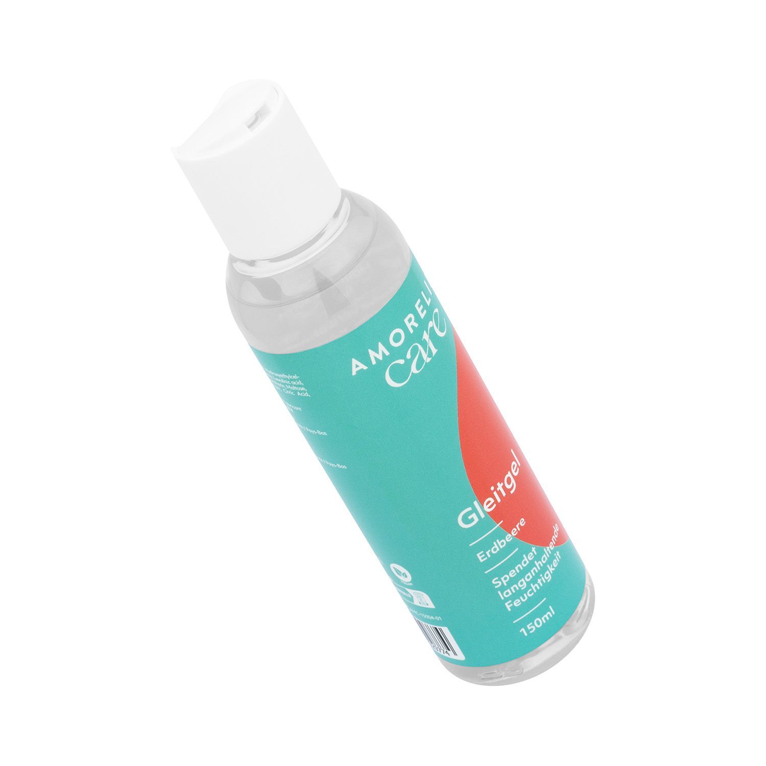 Flacon transparent incliné avec bouchon blanc. Inscription: AMORELIE care, Gel lubrifiant Fraise.