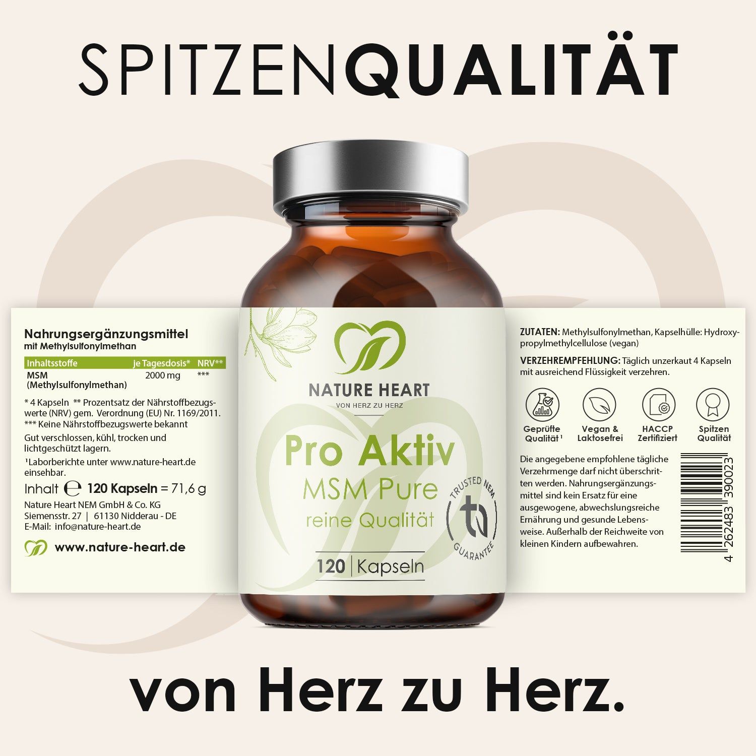 Nature Heart MSM Pure Pro Aktiv Kapseln in Braunglasflasche, mit detaillierten Produktinformationen.