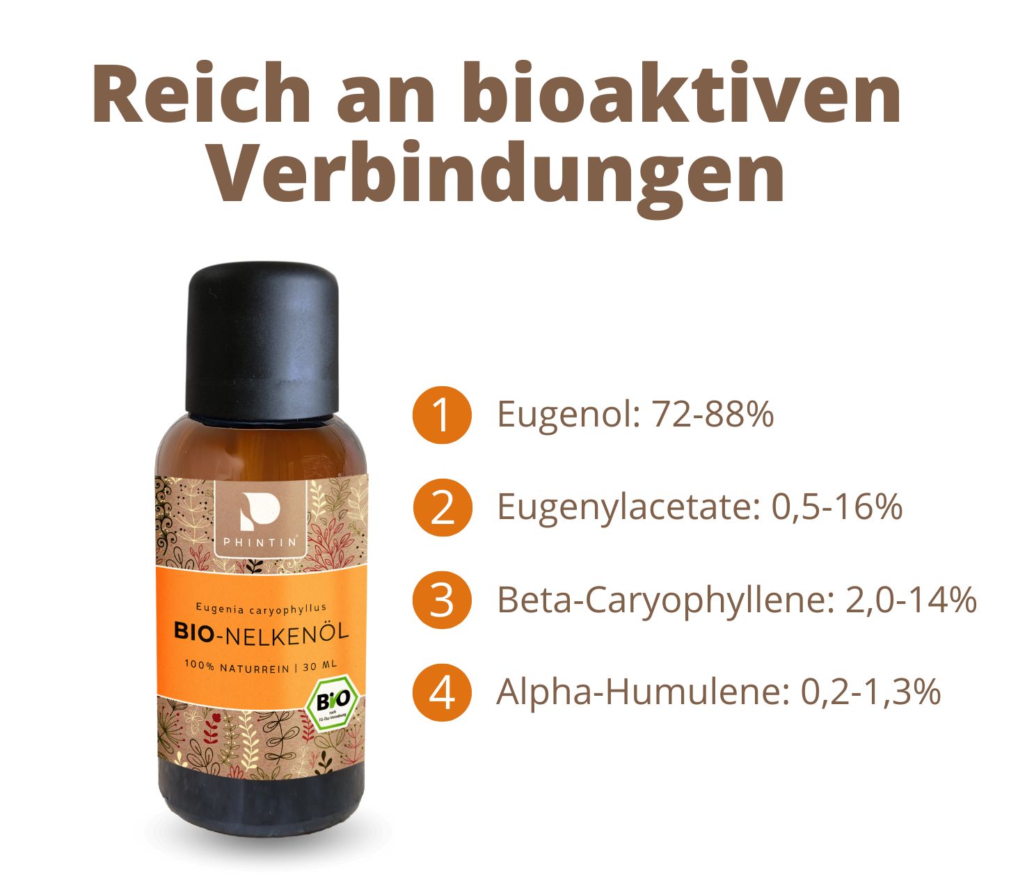 PHINTIN Bio Nelkenöl – 100 % naturrein, ätherisches Öl (Lebensmittelqualität)