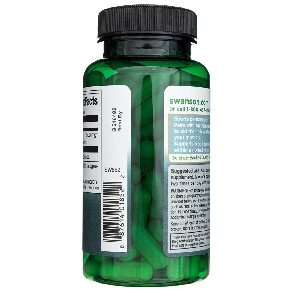 Grüne Flasche L-Arginin Kapseln, Rückseite mit Anwendungshinweisen und Produktinformationen.