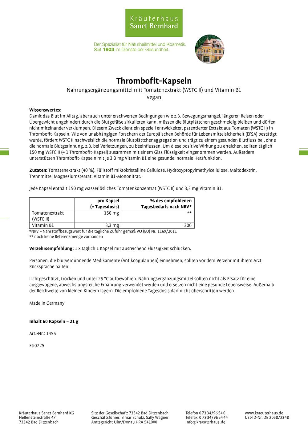 Beige Kapseln neben einer braunen Dose mit weißem Deckel. Aufschrift: Thrombofit-Kapseln. Nahrungsergänzungsmittel.