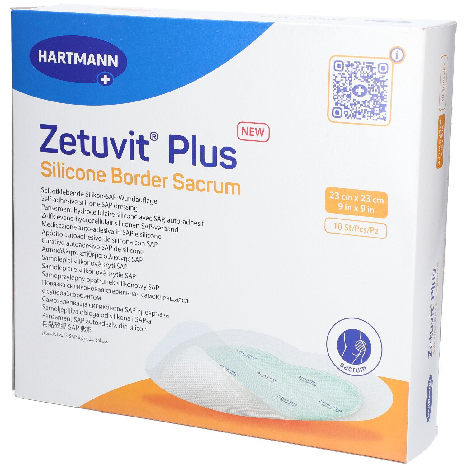Verpackung von Zetuvit® Plus Silicone Border Sacrum. 23x23 cm, 10 Stück. Hartmann-Logo. Produktname und Beschreibung.