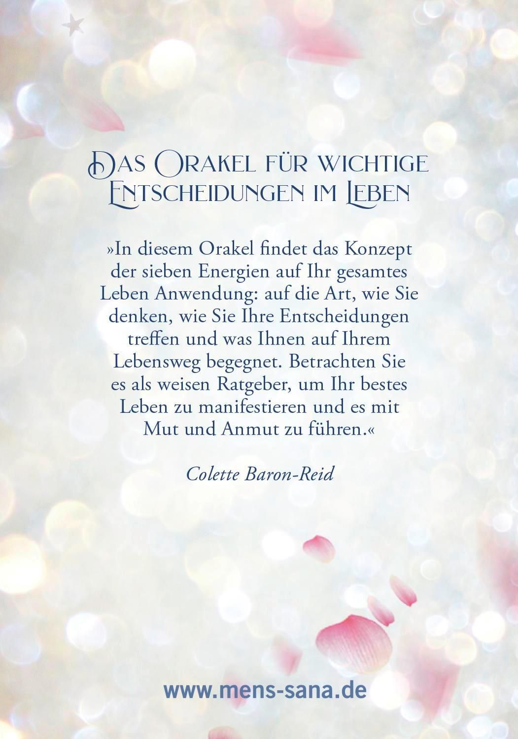 Rückseite des Buches "Das Orakel der 7 Energien". Text über Entscheidungen im Leben. Autor: Colette Baron-Reid. Website-Adresse.